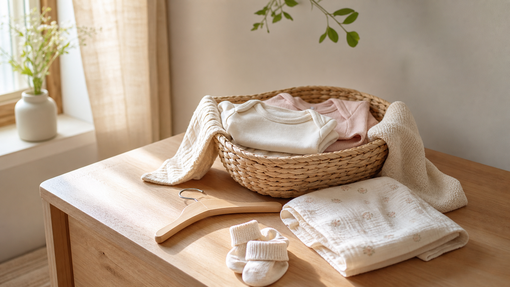 出産前に整えたベビー服とガーゼ、かご