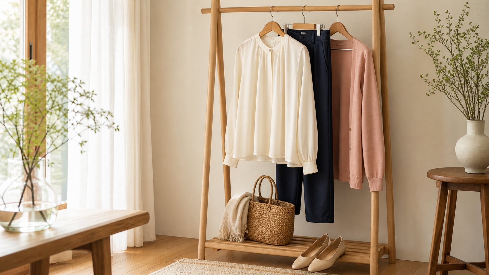 動きやすいママ服とフラットシューズを整えた服のコーナー