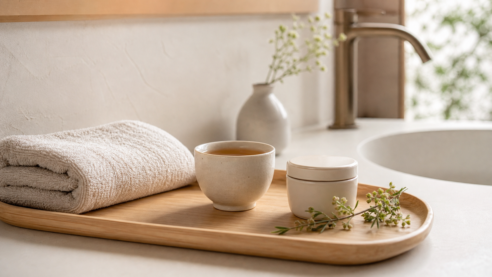 短いセルフケア時間を作るタオルとお茶、スキンケア小物