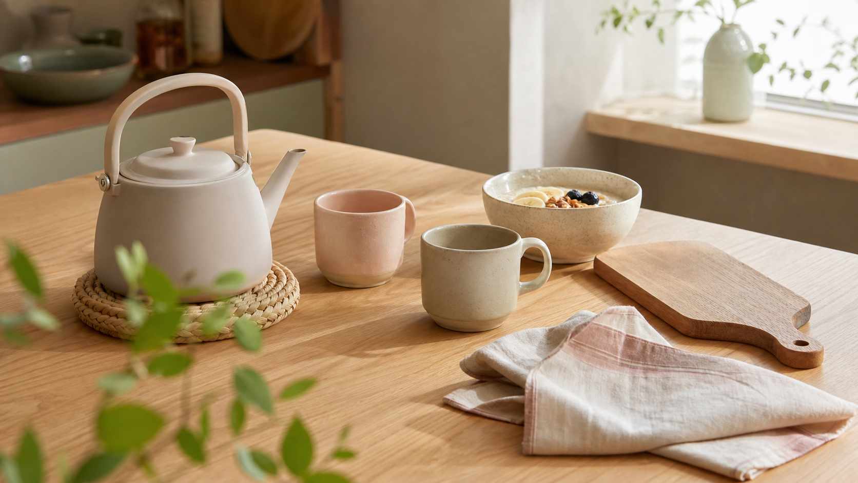 朝の家事動線を整えたキッチンの道具と食器