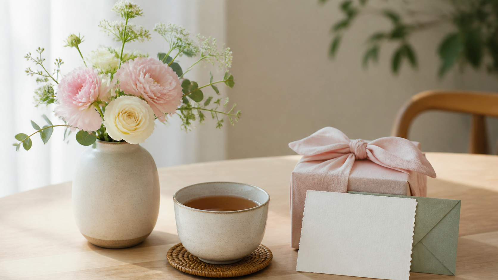 ママの誕生日を祝う花と小さな贈りもの、お茶
