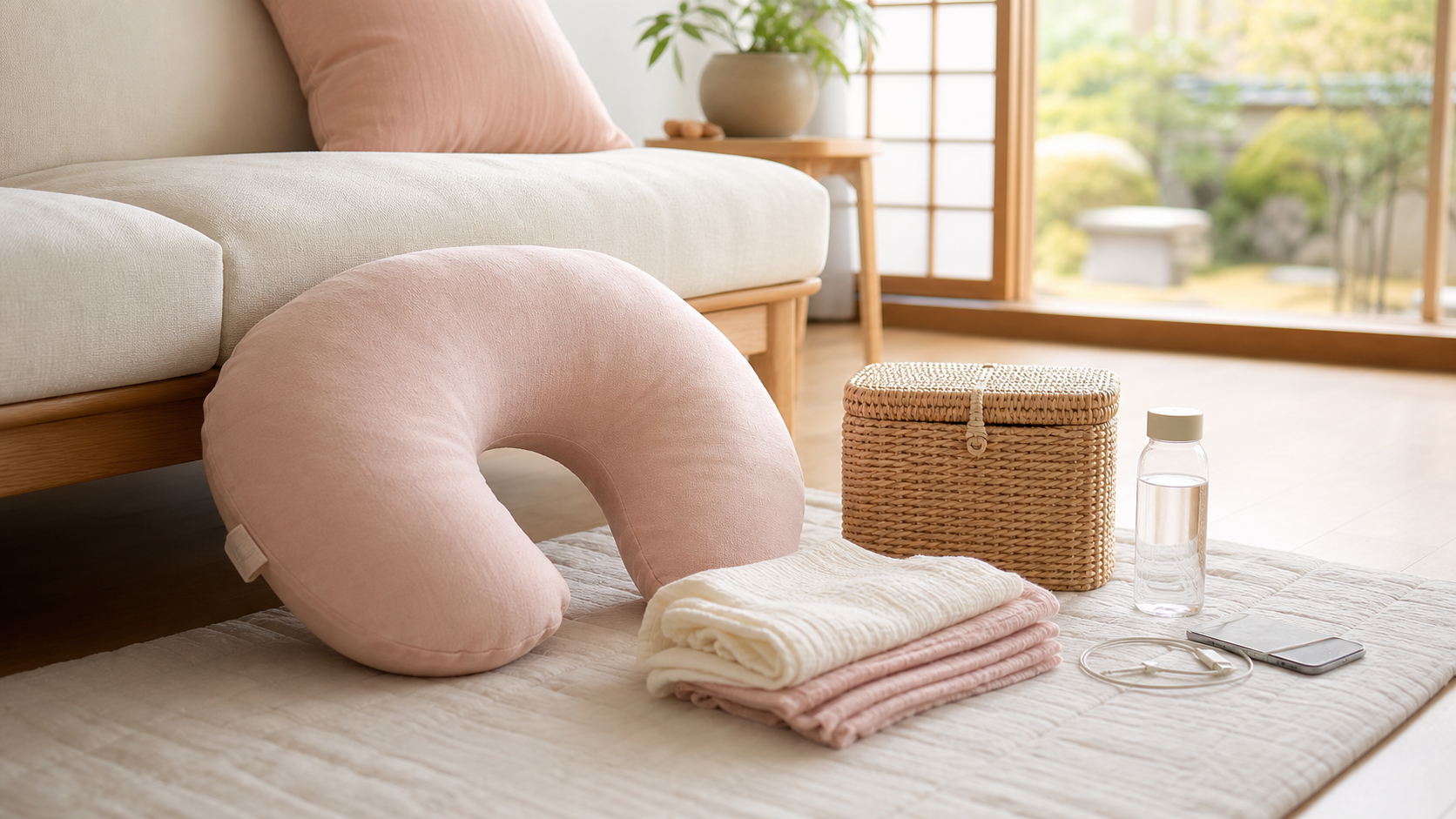 産後に手の届く場所へまとめたクッションや布もの