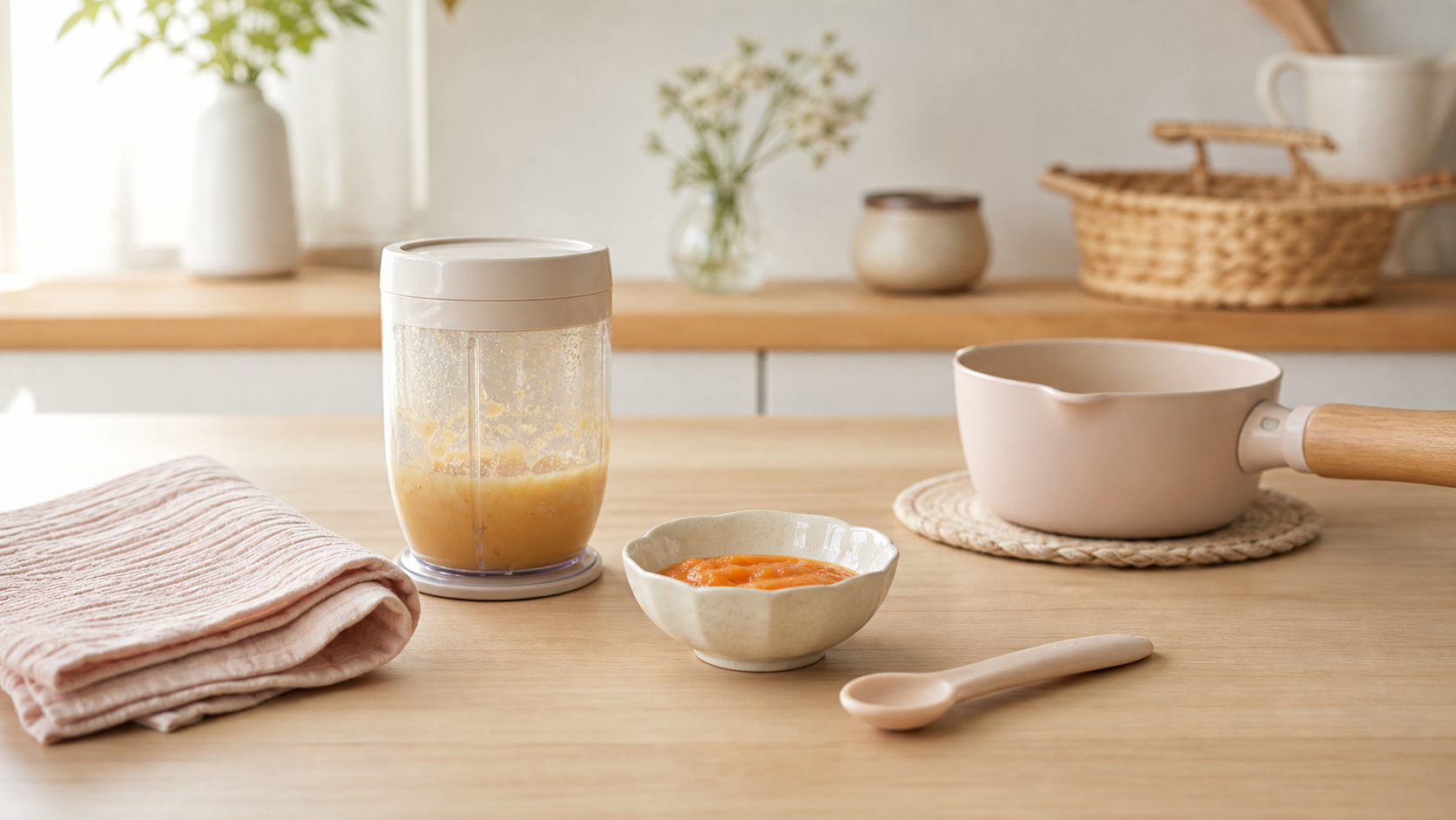 離乳食づくりに使う小さな器やスプーン、調理道具